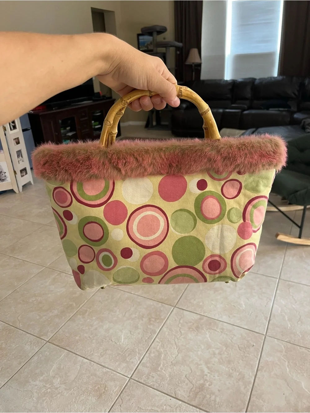 Pink & Green Circle Print Bamboo-Handle Purse with Faux Fur Trim
